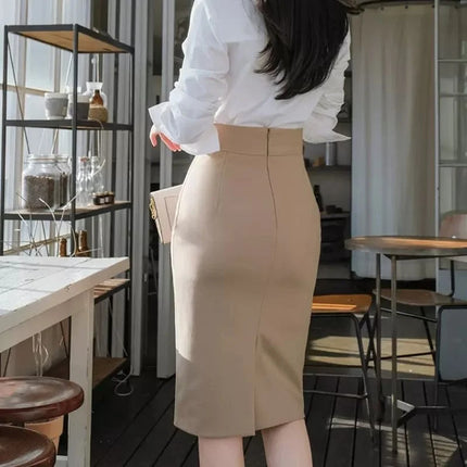 Women Khaki Midi Work Skirt With Slit And High Waist Office by zapcart