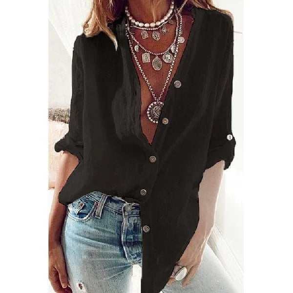 Women Cotton Foldable Sleeves Long Sleeve Top V Neck Button by zapcart