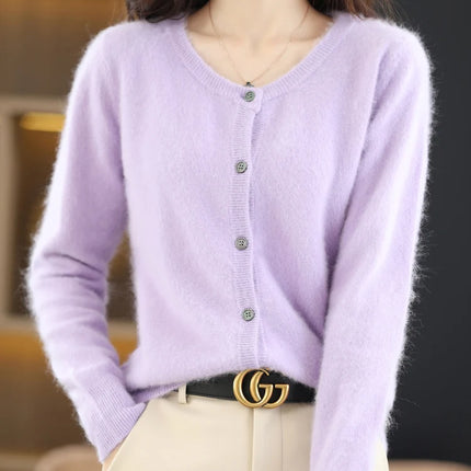 LHZSYY Women Cardigan Pure Mink Cashmere O Neck Loose by zapcart