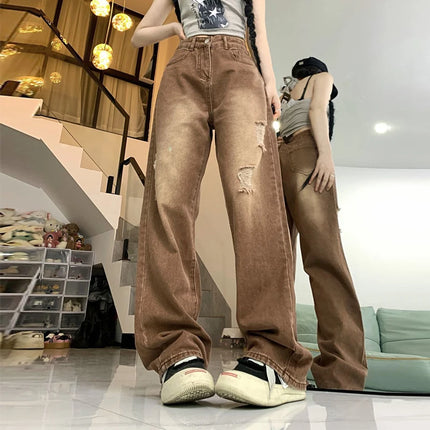 Women Y2K Ripped High Waist Jeans Vintage Washed Pockets by zapcart