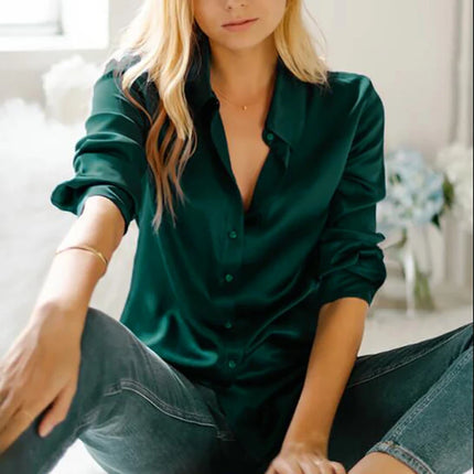 Elegant Women Silk Satin Blouse Long Sleeve Office Wear by zapcart