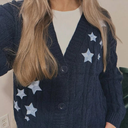Navy Knitted Cardigans For Women With Star Embroidery Chic by zapcart