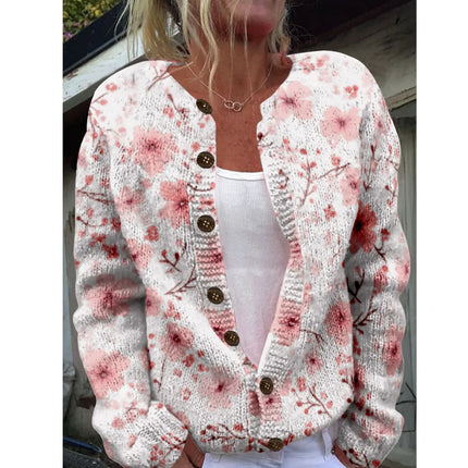Women Sakura Print Cardigan Knitted Lightweight Long Sleeve by zapcart