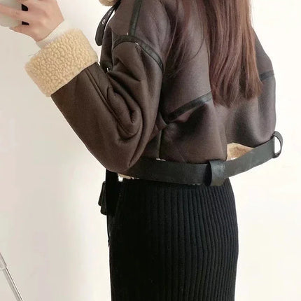 Ailegogo Women Faux Lamb Leather Fur Moto Jacket Belted by zapcart