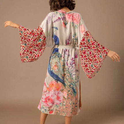 Peacock Print Beach Kimono For Women Self Belted Cover Up by zapcart