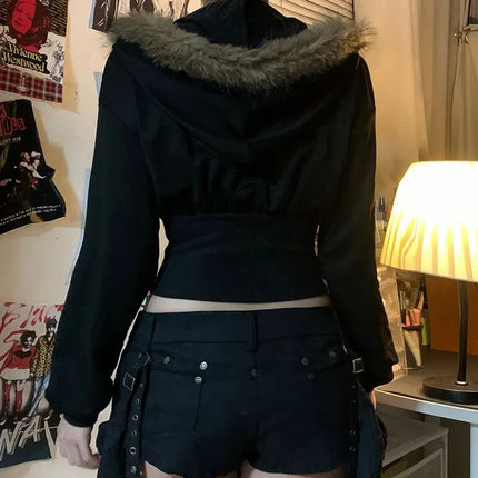 Vintage Punk Hoodies Y2k Crop Top Sexy Streetwear Gothic Grunge Women's Zipper Hooded Winter Slim Coat Hot Girl Aesthetic Hoody by zapcart