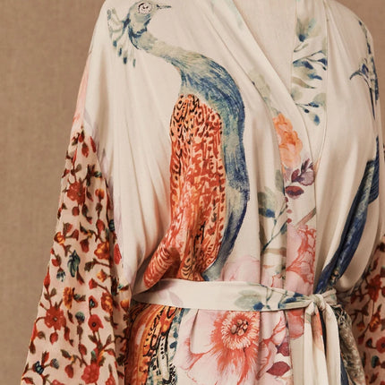 Peacock Print Beach Kimono For Women Self Belted Cover Up by zapcart
