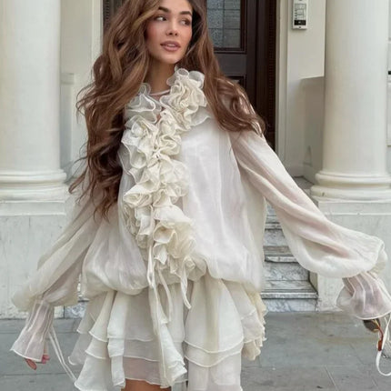 Elegant Ruffles Lace Up V Neck Mini Dress for Women by zapcart