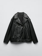 Ailegogo Women Belted PU Faux Leather Motorcycle Jacket by zapcart