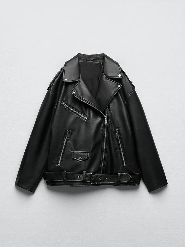 Ailegogo Women Belted PU Faux Leather Motorcycle Jacket by zapcart