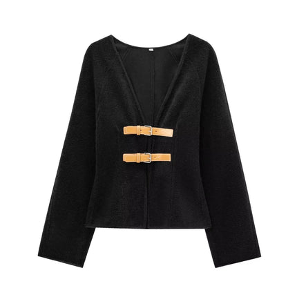 Trafza Women Leather Buckle Woolen Coat Beige Chic Warmth by zapcart