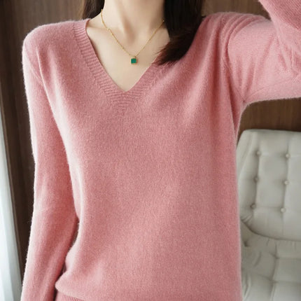 Women V Neck Knit Sweater Slim Fit Soft Knitwear Winter by zapcart