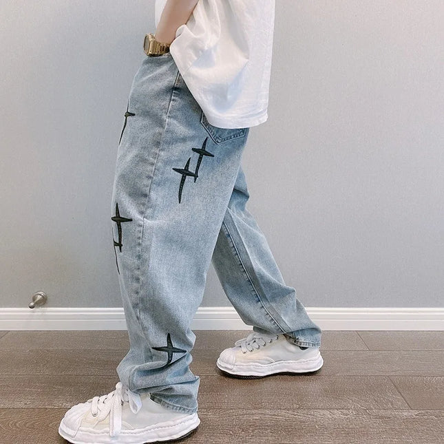 Hengscarying Mens Loose Wide Leg Denim Cargo Jeans Star by zapcart