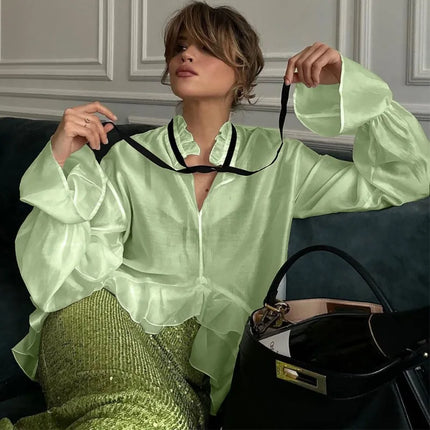 Talenza White See Through Shirt Women With Ruffle Collar by zapcart