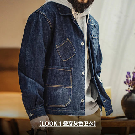 Maden Vintage Denim Coat For Men Four Pocket Asymmetrical by zapcart