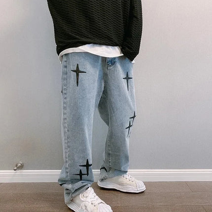 Hengscarying Mens Loose Wide Leg Denim Cargo Jeans Star by zapcart
