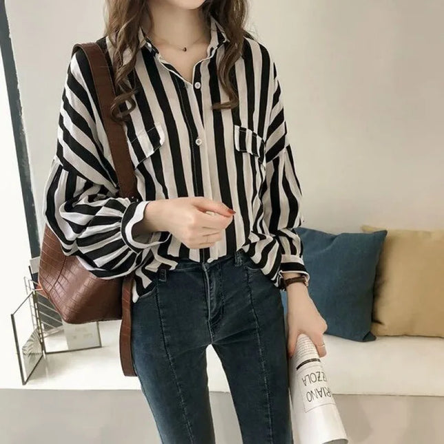 Women Chiffon Striped Shirt Turn Down Collar Relaxed Top by zapcart