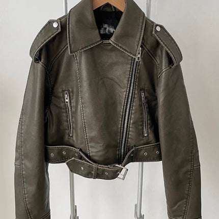 Mauroicardi Women Spring PU Leather Moto Jacket Distressed by zapcart