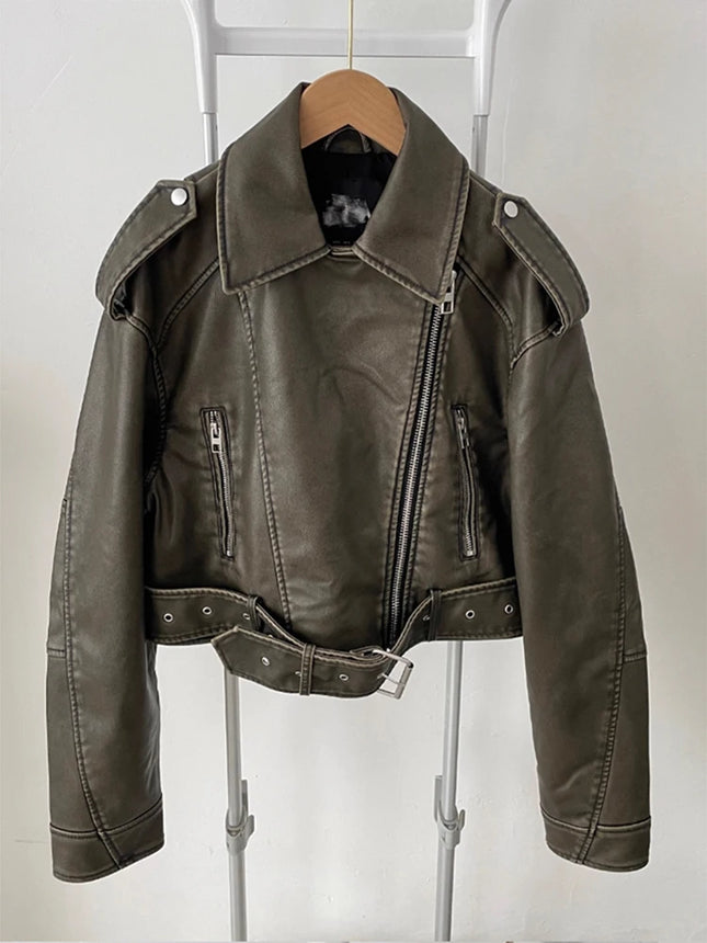 Mauroicardi Women Spring PU Leather Moto Jacket Distressed by zapcart