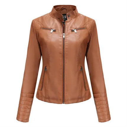Bright Red PU Leather Jacket For Women Slim V Neck Coat by zapcart