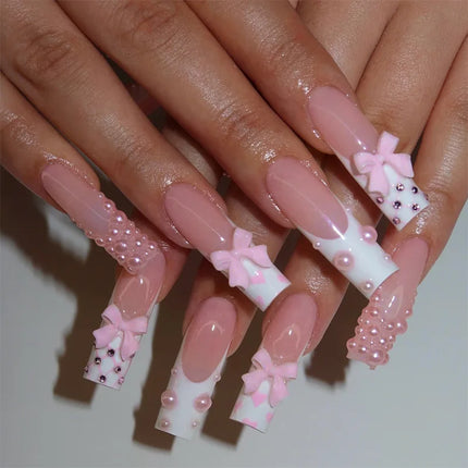 Press On Nails White Butterfly Pearls For Trendsetters 24pcs by zapcart