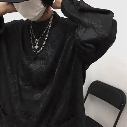 KOSAHIKI Dragon Print Harajuku Blouse Stand Collar Unisex by zapcart