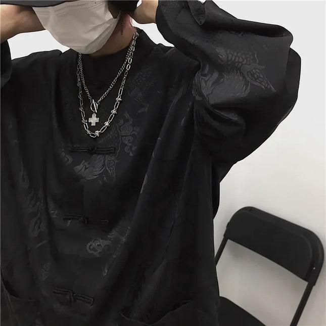 KOSAHIKI Dragon Print Harajuku Blouse Stand Collar Unisex by zapcart