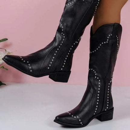 Boras Retro Rivet Mid Calf Cowboy Boots Women Slip On by zapcart
