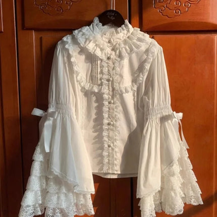 Japanese Kawaii Lolita Flare Sleeve Patchwork Women Blouse by zapcart