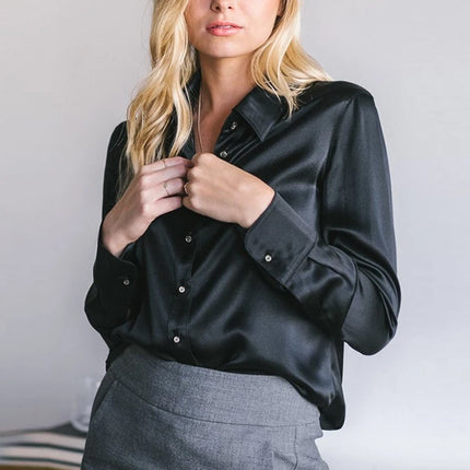 Elegant Women Silk Satin Blouse Long Sleeve Office Wear by zapcart