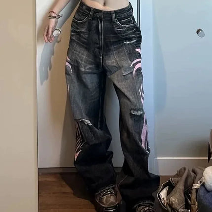 Cyber Y2K Streetwear Graphic Baggy Ripped Jeans For Women by zapcart