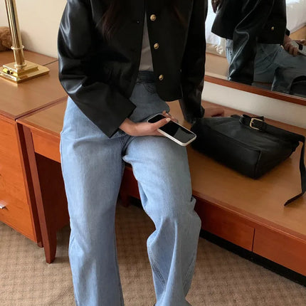 Korean Style Black Leather Jacket Women Vintage O Neck by zapcart