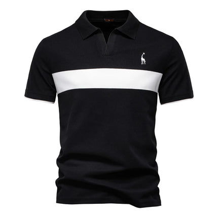 AIOPESON Men Breathable Striped V Neck Slim Polo Shirt by zapcart