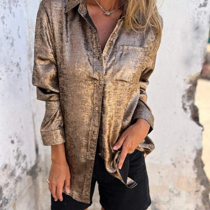 Shinny Golden Long Sleeve Blouse For Women Vintage Loose by zapcart