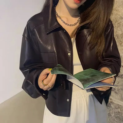 Women PU Leather Biker Jacket Loose Fit Black Autumn Coat by zapcart