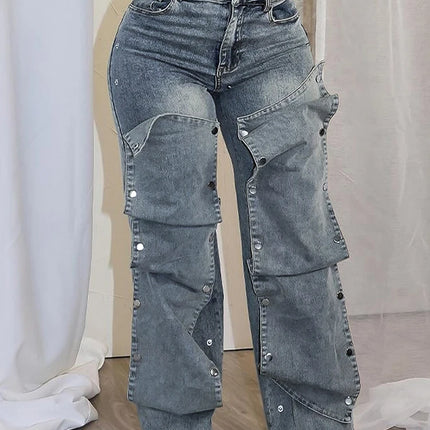 BKQU Women High Waist Detachable Button Wide Leg Jeans by zapcart