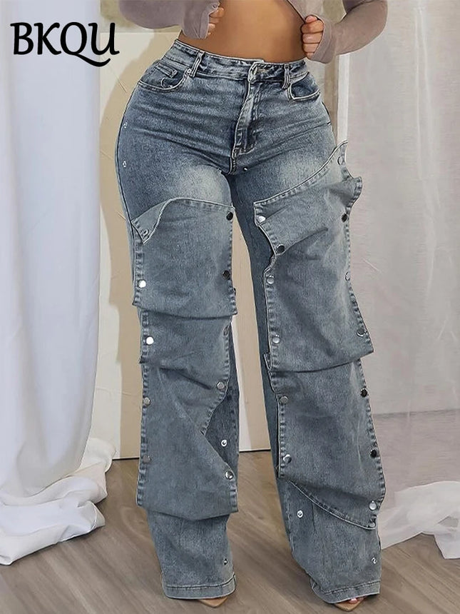 BKQU Women High Waist Detachable Button Wide Leg Jeans by zapcart