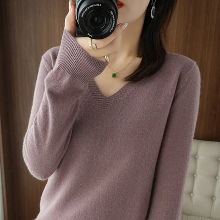 Women V Neck Knit Sweater Slim Fit Soft Knitwear Winter by zapcart