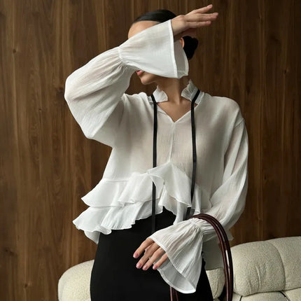 Talenza White See Through Shirt Women With Ruffle Collar by zapcart