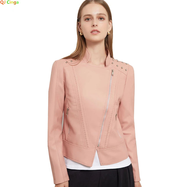 Trendy Faux PU Leather Jacket Women Slim Fit Zipper Pockets by zapcart