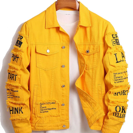 LVCCCI Men's Y2K Denim Jacket With Patches Stylish Fit by zapcart