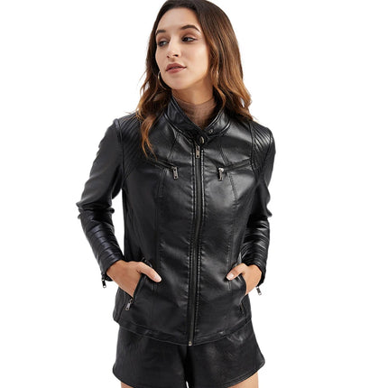 Bright Red PU Leather Jacket For Women Slim V Neck Coat by zapcart