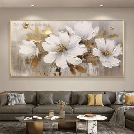 Abstract Golden White Flowers Painting Fujian Living Room by zapcart