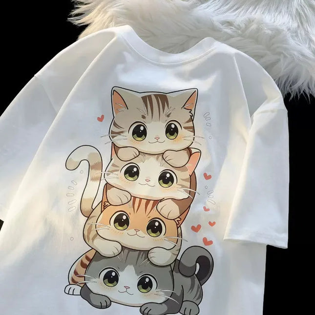 Playful Cartoon Cat Print Women Tee Lightweight Comfort by zapcart