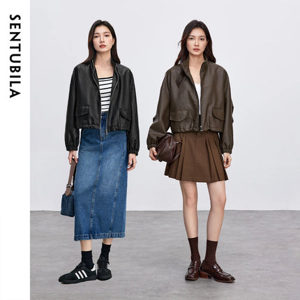 SENTUBILA Leather Jacket Women Vintage PU Stand Collar Chic by zapcart