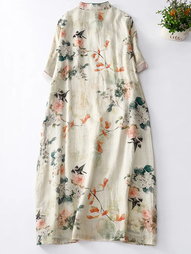 HELELYNCN Bohemian Midi Women Dress Buttons Stand Collar by zapcart