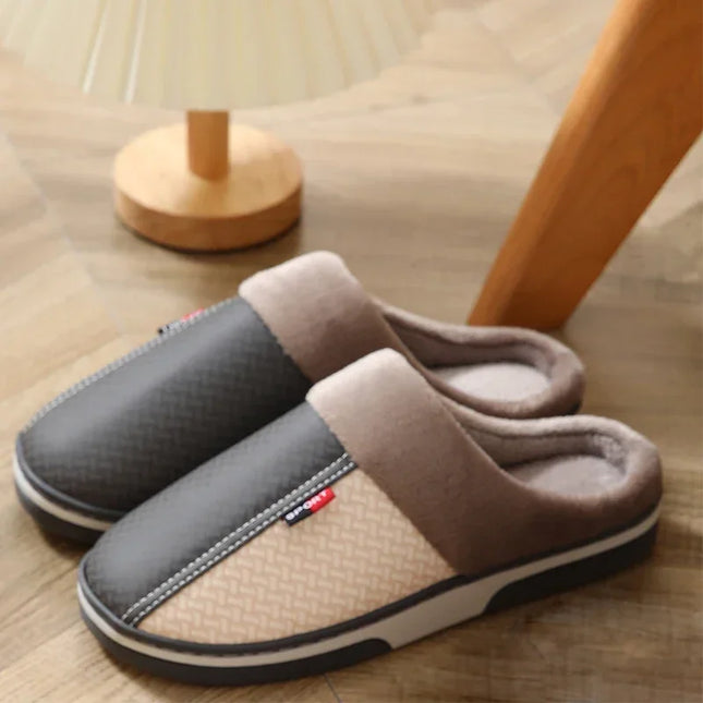 Men's Cozy Plush Slippers Non Slip Waterproof PU Leather by zapcart