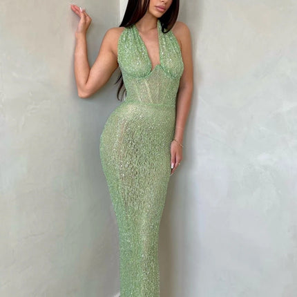 House Of Beauty Sequins Halter Maxi Backless Dress Women by zapcart