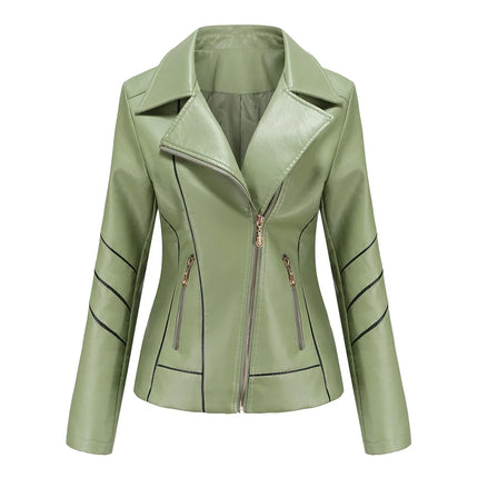 Red PU Faux Leather Jacket Women Weatherproof Biker Style by zapcart