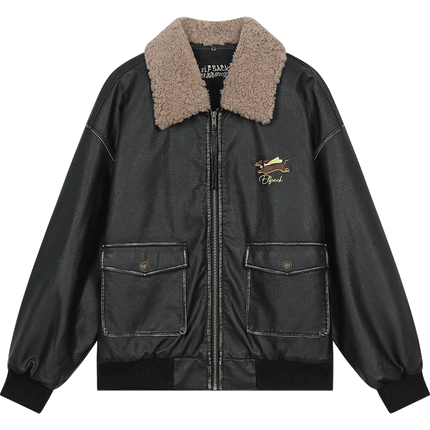 ELFSACK Womens PU Leather Jacket With Bold Dog Embroidery by zapcart